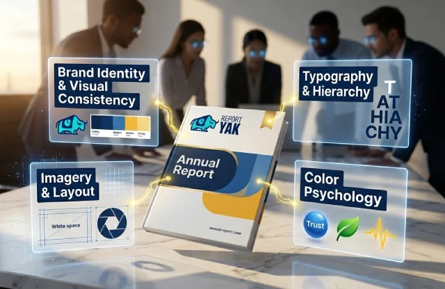 Annual report cover page design elements including typography, color, imagery, and layout | Report Yak Blog